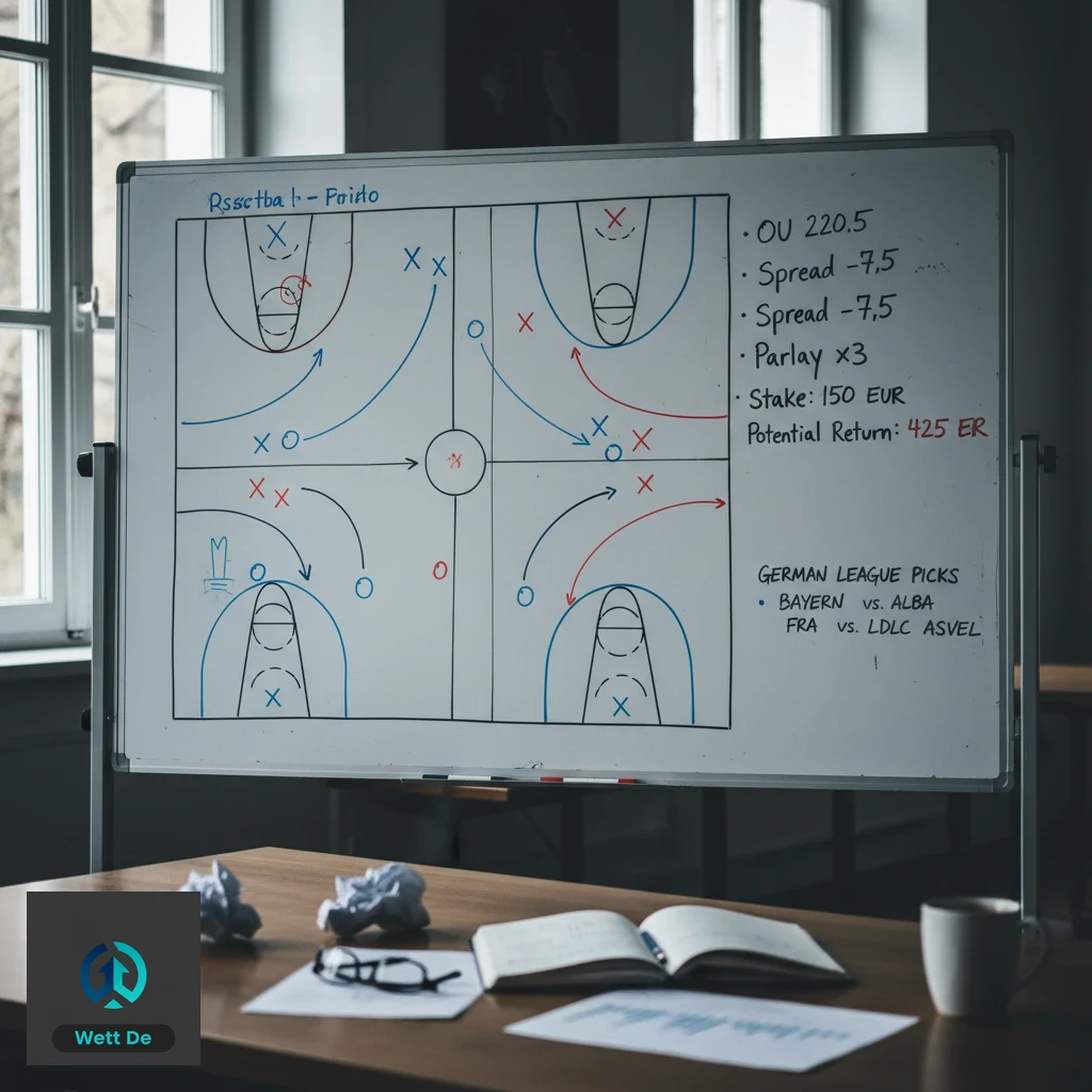 Eine Taktiktafel mit Basketball-Spielzügen und handschriftlichen Notizen zu Wettquoten.