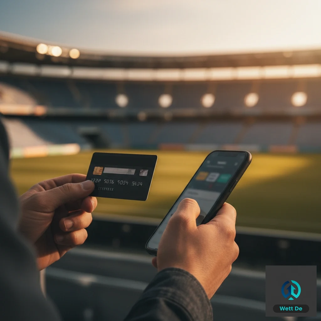 Eine Person, die eine Kreditkarte hält, um eine Einzahlung in einer Sportwetten-App auf einem Smartphone vorzunehmen.