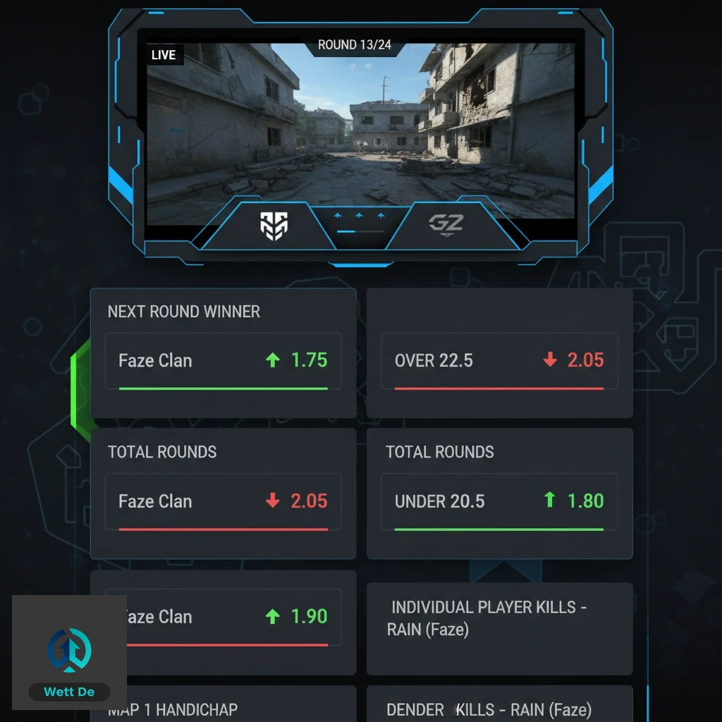 Ein Live-Wetten-Interface für ein CS2-Match mit schwankenden Quoten.
