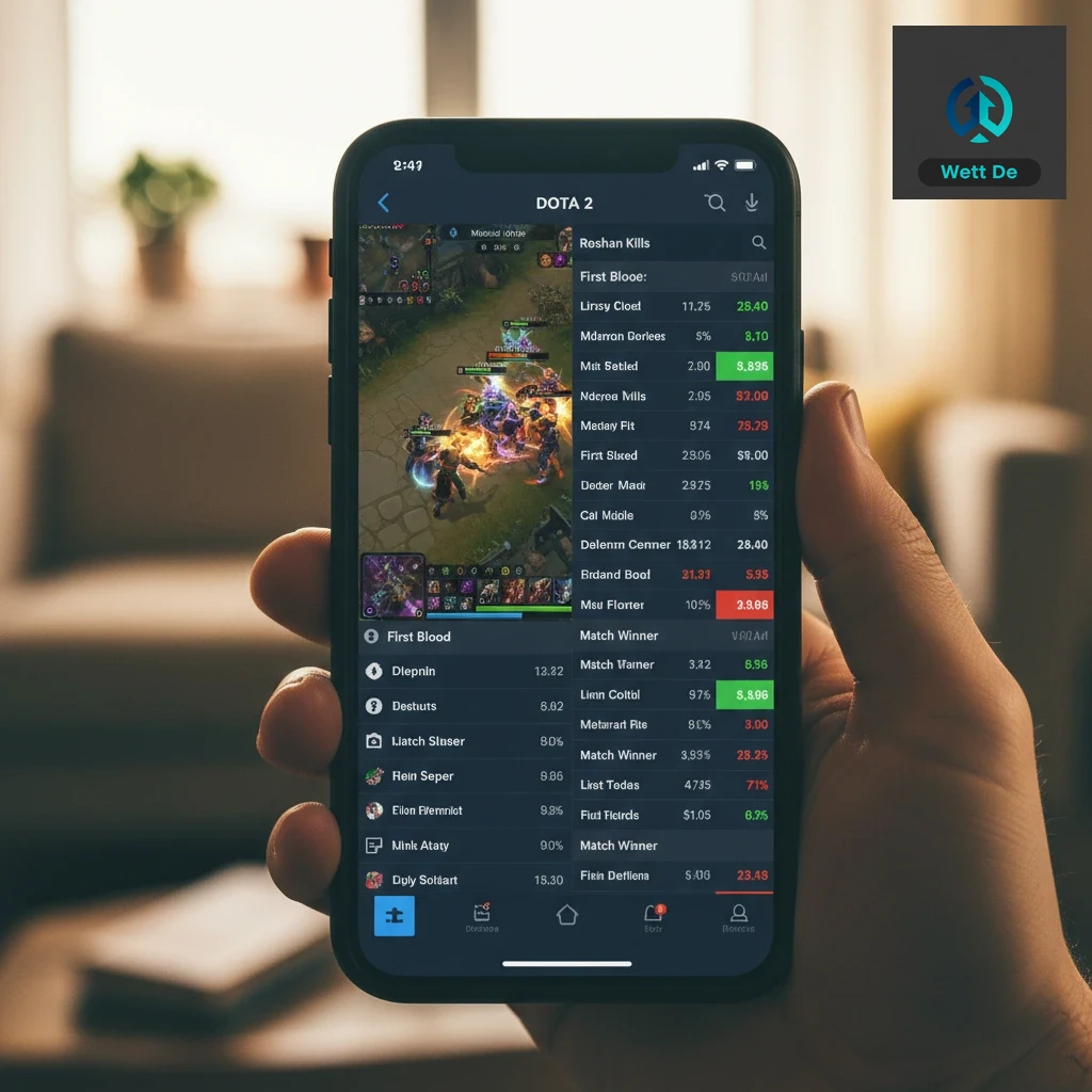 Ein Smartphone, das eine Dota 2 Live-Wetten-Oberfläche mit schwankenden Quoten anzeigt.