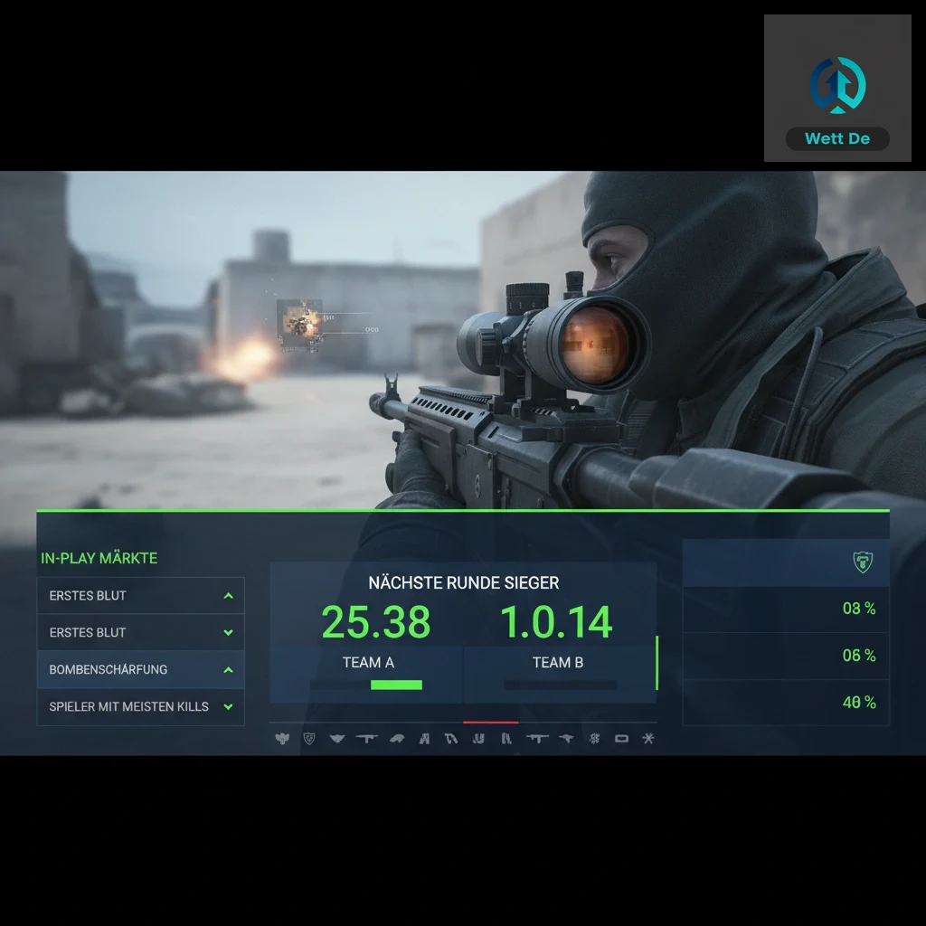 Eine Live-Wetten-Oberfläche mit Quoten wird über eine actiongeladene Szene aus einem CS2-Match gelegt.