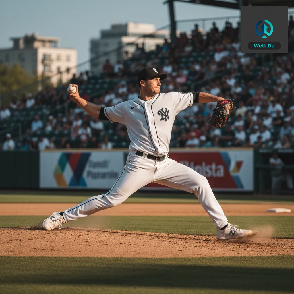 Ein Baseball-Pitcher in der Mitte seiner Wurfbewegung auf einem professionellen Spielfeld.