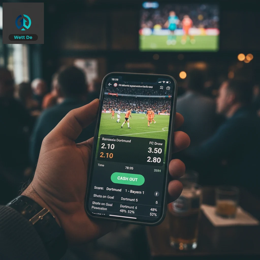 Smartphone mit einer Sportwetten-App, die eine Live-Wett- und Cash-Out-Option anzeigt.
