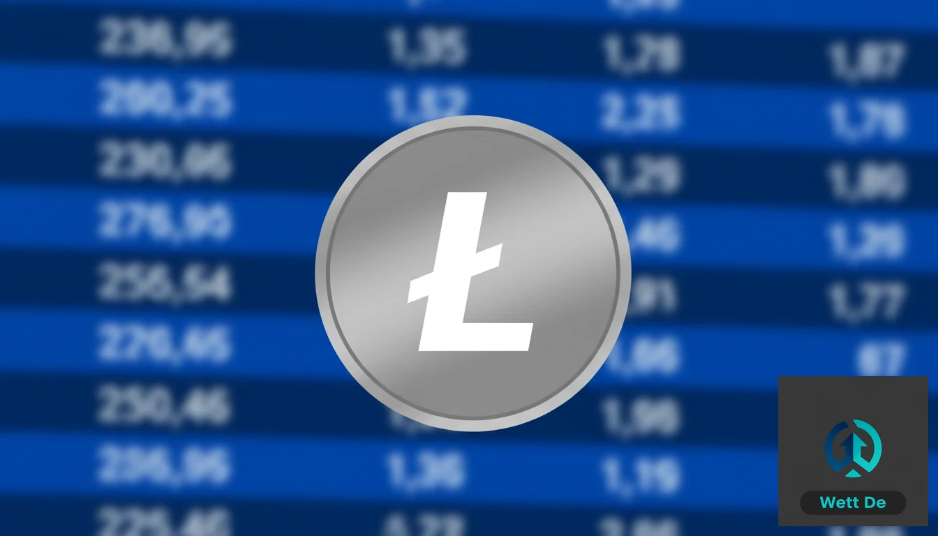 Ein stilisiertes Bild einer Litecoin-Münze vor dem Hintergrund von Sportwetten-Quoten.